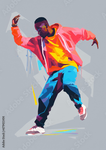 Black dude dancing hiphop style - in a vector style illustration, isolated n a grey background, with vibrant pastel colours and natural looking brush strokes