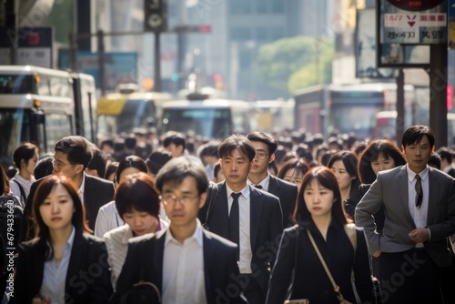 Crowd of Asian commuter people walking street photo