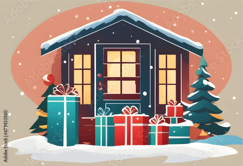 house door entrance holiday gifts christmas cabin giving presents holiday season gift share present wrapping box snow visit snowy night Santa delivery home warm cozy steps welcome