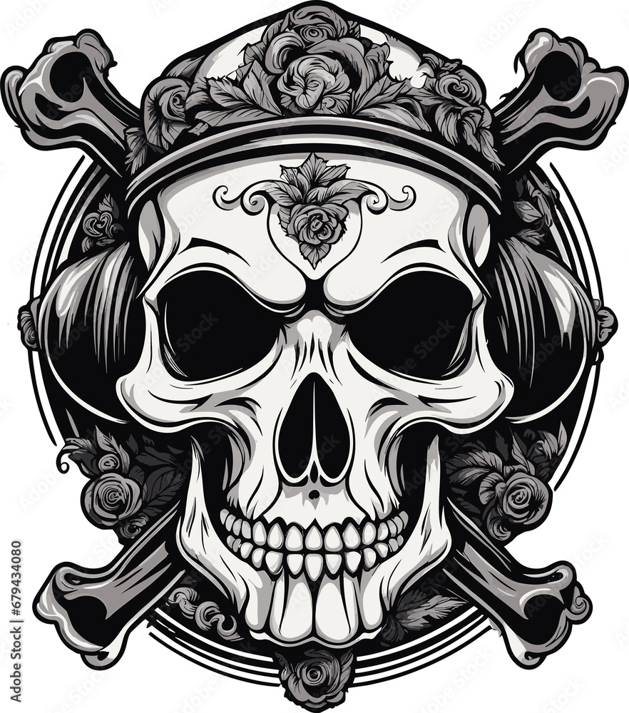 Obraz premium skull with crossbones and headphones, vector, black and white, logo, sticker, rock n roll - Generative AI