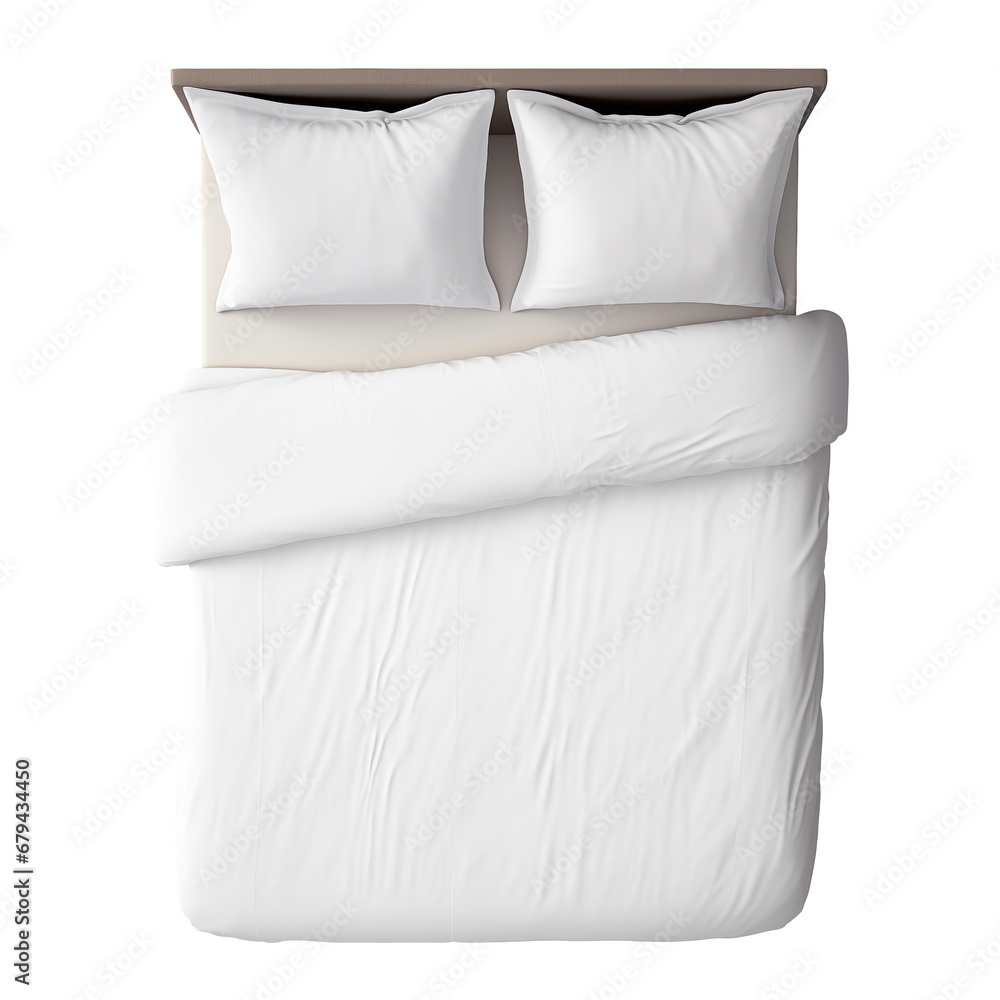 Top view of empty white bed, duvet, sheet, two white pillows isolated on transparent background - obrazy, fototapety, plakaty 