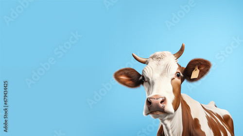 Red and white cow head with yellow livestock identification ear tags on blue background with copy space for text