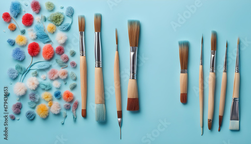 Paintbrush on a blue background with space for text. Banner for needleworkers photo