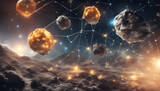 nuclear energy imagery and network connection on meteorites space planets background.