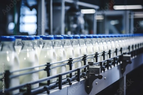 Production line of dairy products with bottles on a conveyor photo