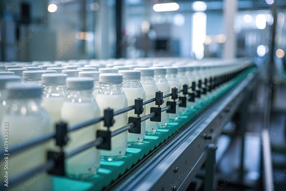 Automated dairy products filling line with white bottles Automated dairy products filling line with white bottles