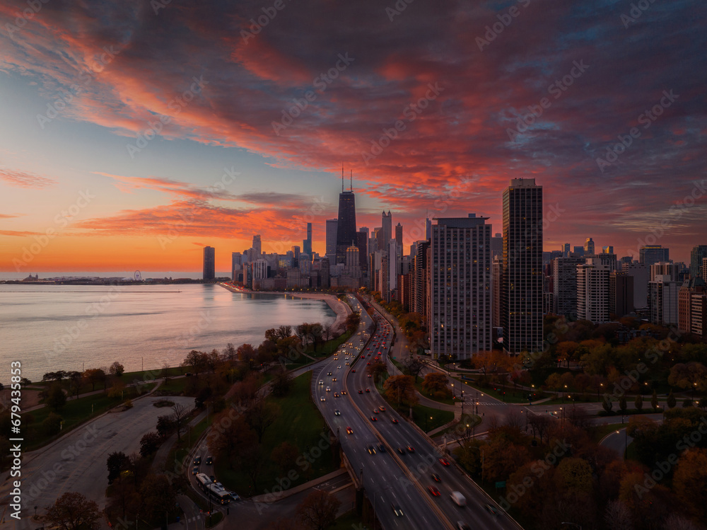 Chicago Gold Coast and lake shore drive at sunrise aerial view
