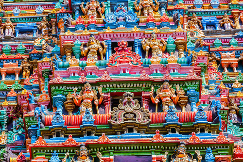 Sculptures on Hindu temple gopura tower. Meenakshi Temple, Madurai, Tamil Nadu, India © Dmitry Rukhlenko
