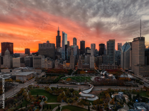 Chicago Millennium Park and city skyline aerial view