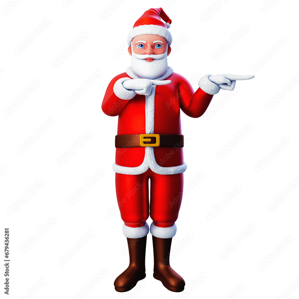 3D character of santa claus pointing to the right side using both hands, Merry Christmas and Happy New Year, 3d illustration and rendering