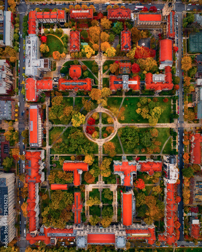 University of Chicago during autumn aerial view looking down