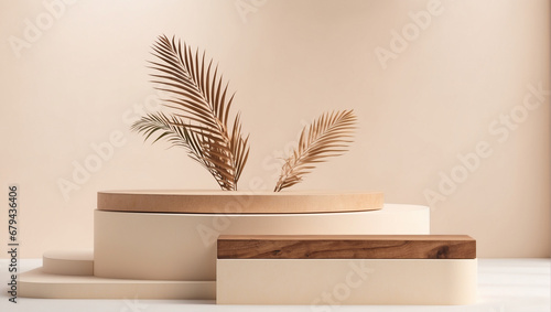 wooden podium platform stand decoration with brown palm leaves backdrop minimal wall scene on beige background © adynue