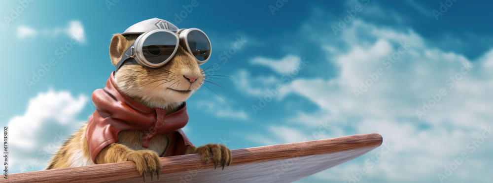 Thoughtful meerkat pilot holding propeller, creative animal character with flying dreams. - obrazy, fototapety, plakaty 