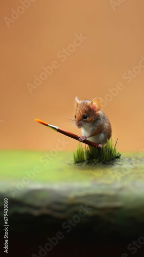 Tiny mouse with a paintbrush on a lush green island, a symbol of creativity's boundless realm. photo