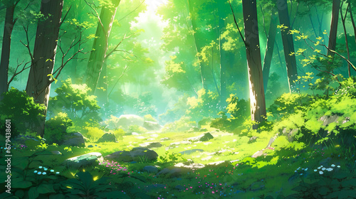 木漏れ日が落ちる森のアニメ風イラスト