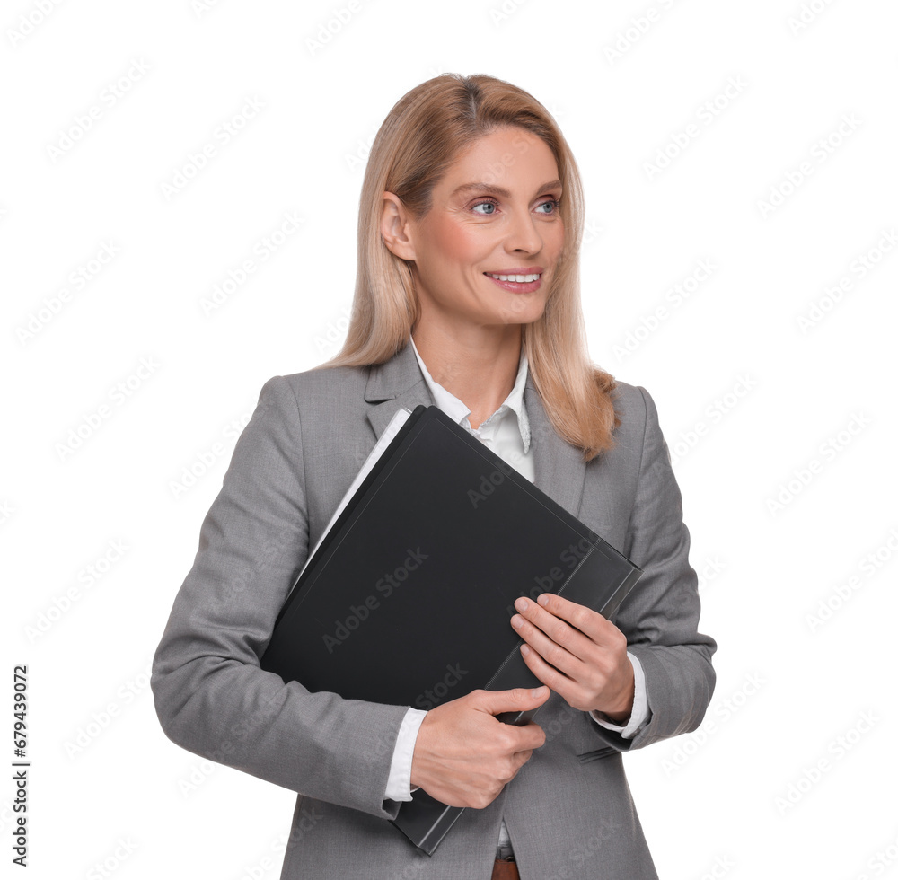 Portrait of smiling woman with folder on white background. Lawyer, businesswoman, accountant or manager Portrait of smiling woman with folder on white background. Lawyer, businesswoman, accountant or manager
