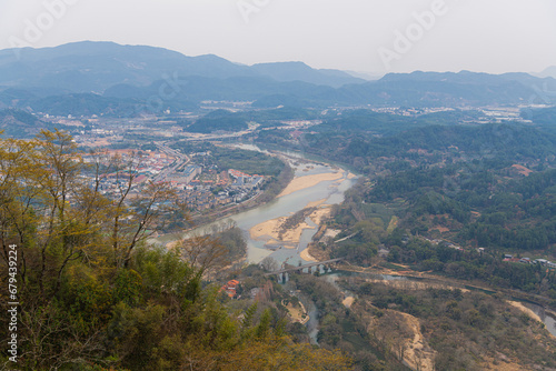 Close up view of the village by the river from Da Wang Shan Peak, Fujian, China © Tatiana Kashko