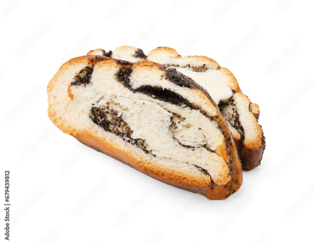 Slices of poppy seed roll isolated on white. Tasty cake Slices of poppy seed roll isolated on white. Tasty cake