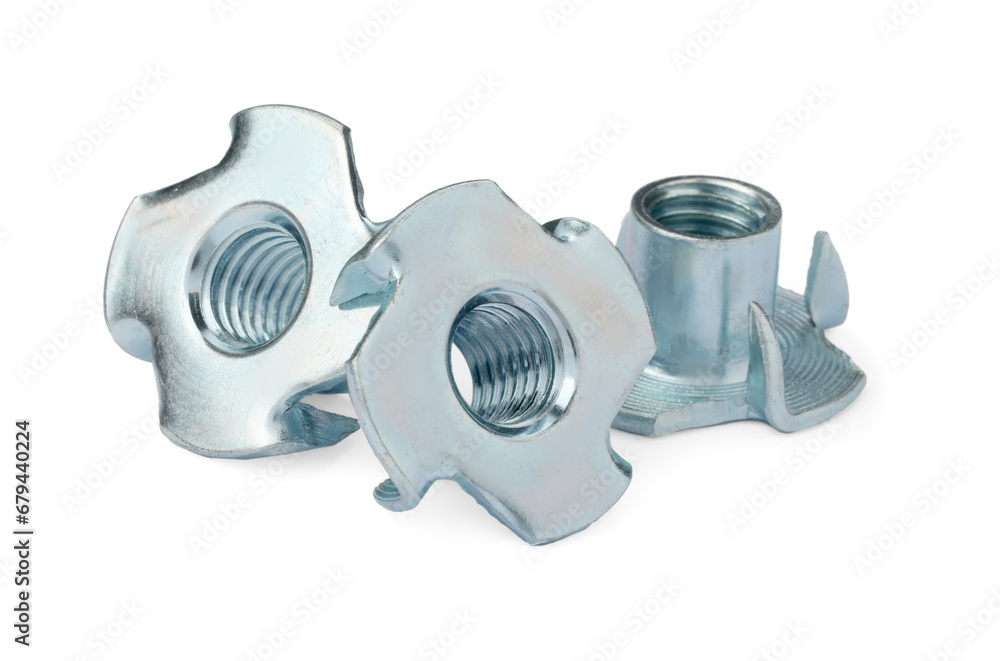 Three metal tee nuts isolated on white Three metal tee nuts isolated on white