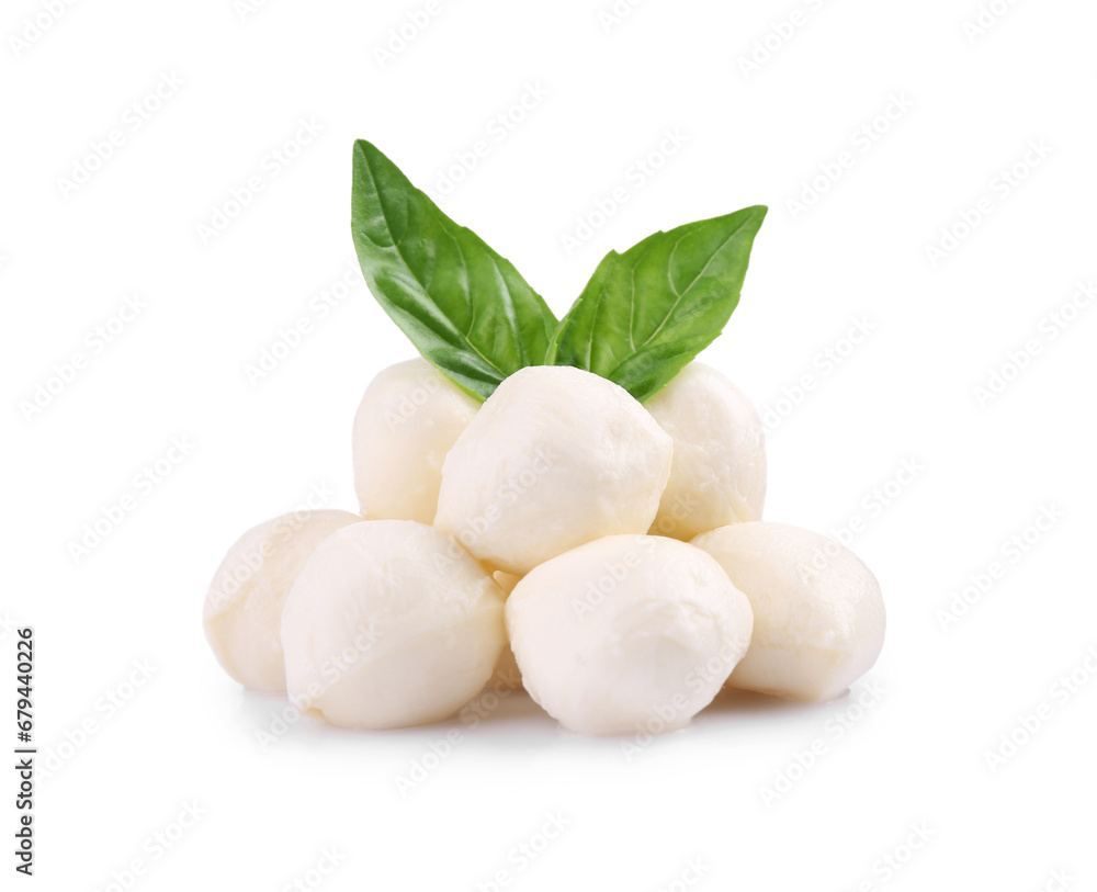 Tasty mozzarella balls and basil leaves isolated on white - obrazy, fototapety, plakaty 