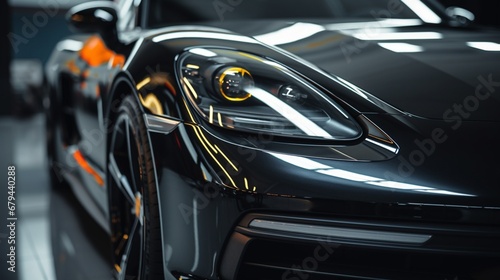 A close-up, ultra-realistic view of a black luxury car's sleek hood and headlights, positioned in a dealership salon with an elegant, minimalist design.