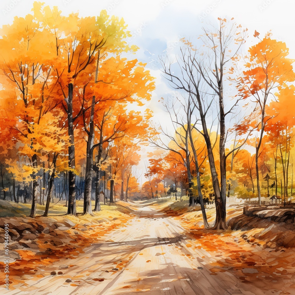 Watercolor trees dirt road country painting with generative ai