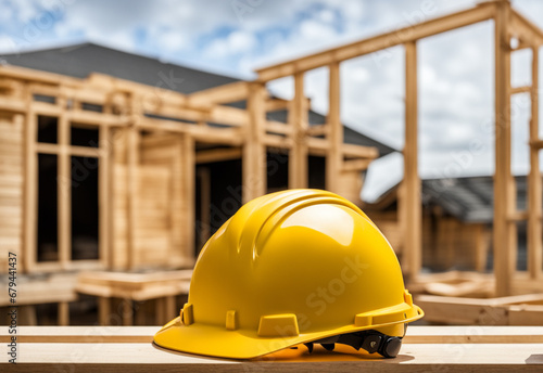 Yellow safety construction helmet on a wooden against the backdrop of a house being built. Generative AI