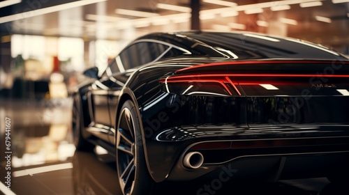 A realistic depiction of a black luxury car's rear view in a dealership, showcasing its distinctive taillights and dual exhaust pipes.