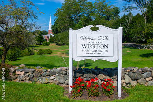 Welcome to Weston sign in front of St Peter's Episcopal Church at 320 Boston Post Road in historic town center of Weston, Massachusetts MA, USA.   photo