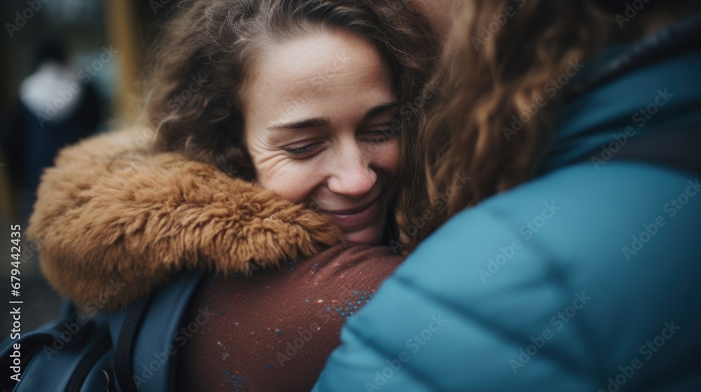 Two women embracing each other warmly in an outdoor setting. Two women embracing each other warmly in an outdoor setting.