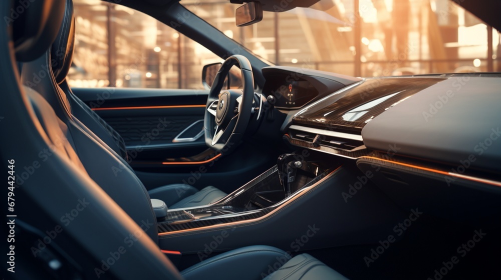 A detailed view of a luxury black car's interior through its open door in a dealership salon, showcasing the high-quality leather seats and advanced dashboard A detailed view of a luxury black car's interior through its open door in a dealership salon, showcasing the high-quality leather seats and advanced dashboard