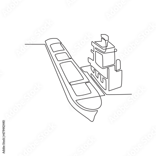 One continuous line drawing of a vessel or ship that is docked at a port vector illustration. Sea transportation design illustration simple linear style vector concept. Sea transportation design asset
