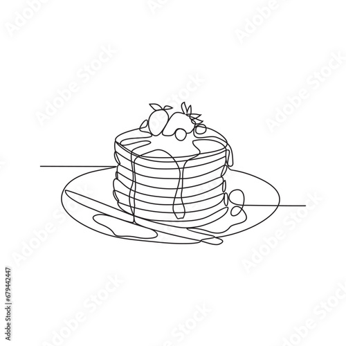 One continuous line drawing of pancakes that taste delicious are ready to be served at parties vector illustration. Food design illustration simple linear style vector concept. Food design asset.