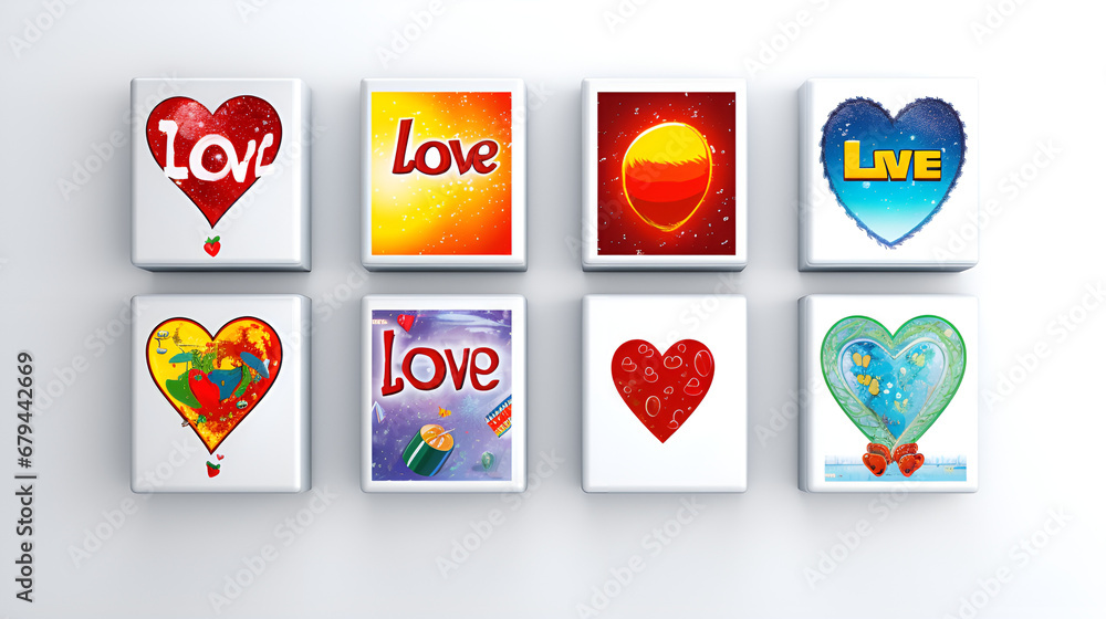set of tags of love and heart on the white background
