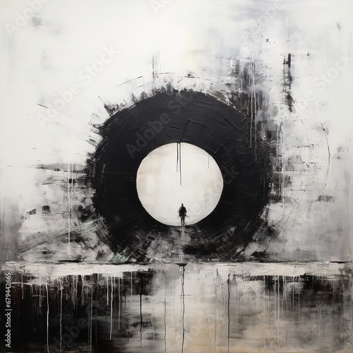 Modern abstract minimalist circle art black ink brush painting wall art with generative ai