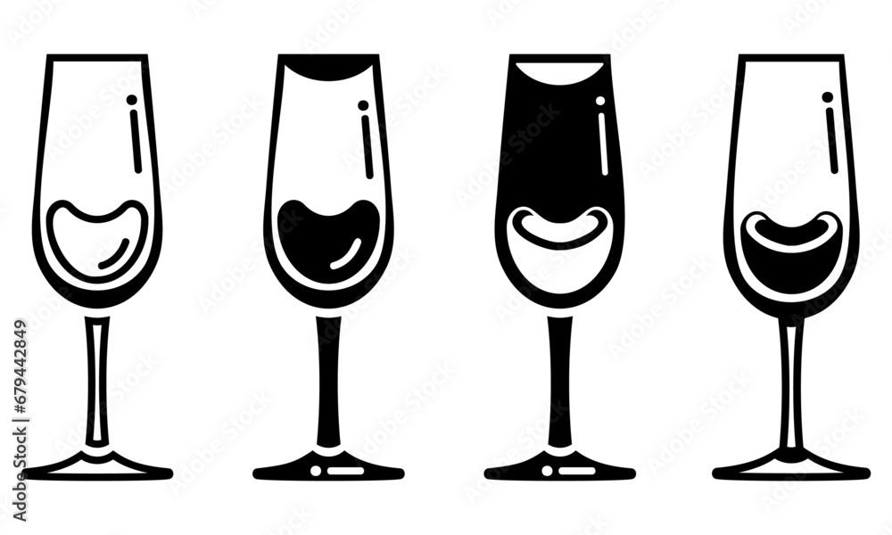 Varied Flute Wine Glasses Black Vector Icons on Transparent Background Varied Flute Wine Glasses Black Vector Icons on Transparent Background