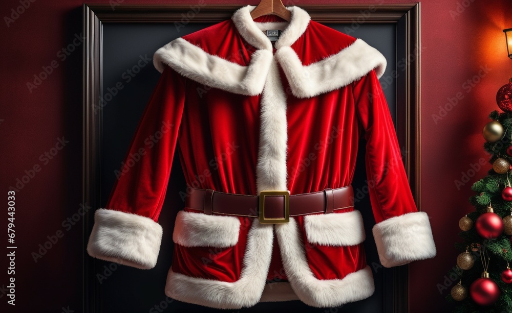 A neatly trimmed Santa Claus costume hanging on a hanger.