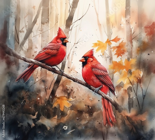 Red cardinal bird in the forest watercolor painting wall art with generative ai