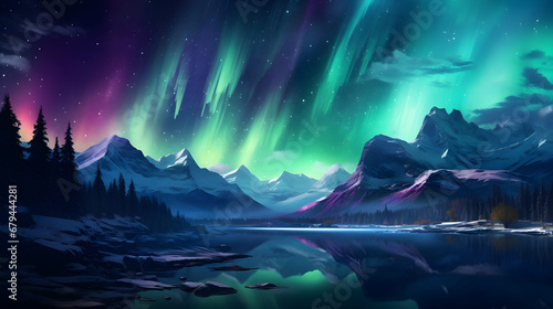 Stunning Northern Lights dancing across the night sky, painting a celestial masterpiece of vibrant colors in the Arctic regions, travel place. Ai Generated.NO.04