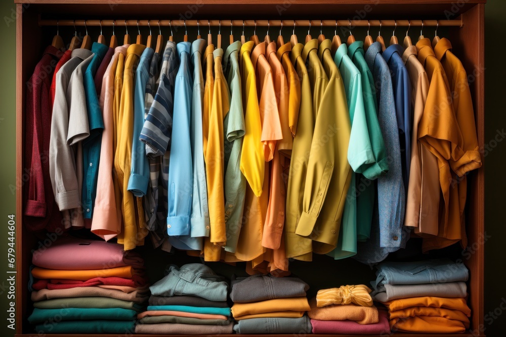 A variety of bright shirts in rainbow colors on hangers in a clothing store. concept for retail or smart consumption. 