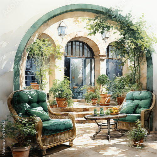 緑と開放感のある中庭の水彩イラスト