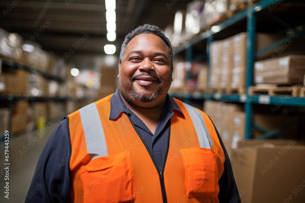 close-up of joyful warehouse worker in safety vest,  with content expression, surrounded by shelves with boxes.