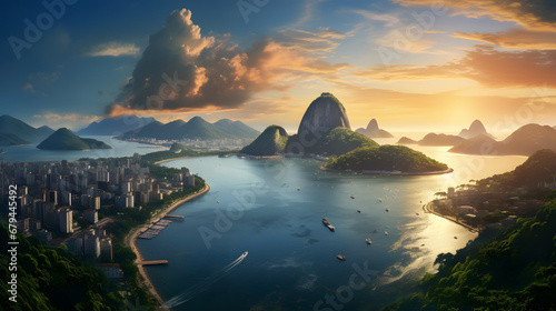 Aerial view of Rio with Corcovado Mountain, Sugarloaf Mountain and Guanabara Bay - Rio de Janeiro, Brazil, travel place. Ai Generated.NO.04 photo