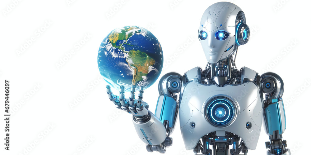 Banner humanoid robot holding an Earth globe in its hand on a white background. Concept of futuristic technology and global connectivity. AI Generative Banner humanoid robot holding an Earth globe in its hand on a white background. Concept of futuristic technology and global connectivity. AI Generative