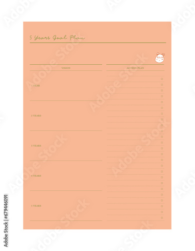 5 years Goal planner (Smile Bean). Make your day more easily and happy. Vector Print template.	 photo