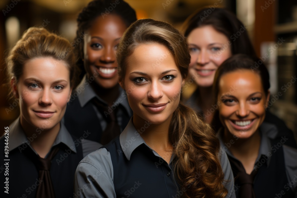Team of professional women of diverse ethnicities in uniforms, with confident smiles, in close formation at office. Team of professional women of diverse ethnicities in uniforms, with confident smiles, in close formation at office.
