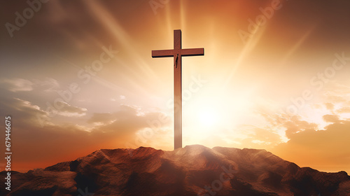 cross at sunset,Easter Morning: Empty Cross and Dramatic Sunrise,AI Generative 