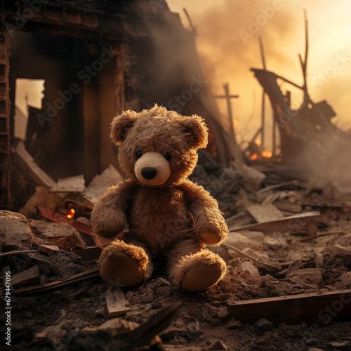 Heartbreaking Concept - sad teddy bear in ruins of house destroyed at war