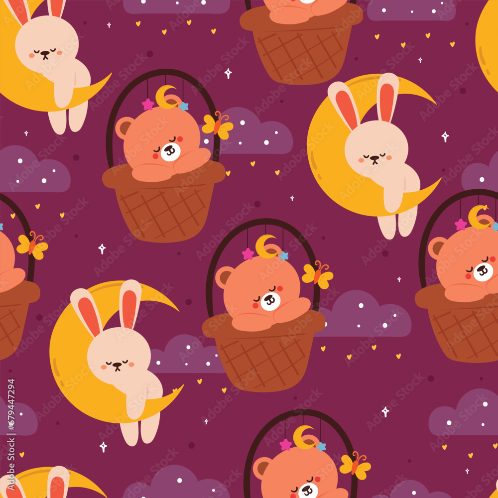 seamless pattern cartoon bunny on the moon, and bear inside a basket in the night sky. cute illustration design. animal pattern for gift wrap paper