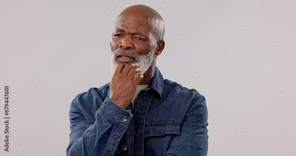 Thinking, senior man and solution with confused, problem solving and ideas on a white studio background. African person, model and pensioner with doubt, planning and questions with retirement and why